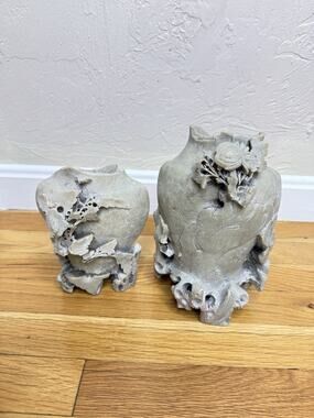 Vintage Chinese Soapstone Finely Hand-carved Floral Vase Set Of 2